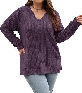 Women's Casual Long Sleeve V Neck Lightweight Knitted Sweaters Loose Fit Plus Size Tunic Tops L-4XL