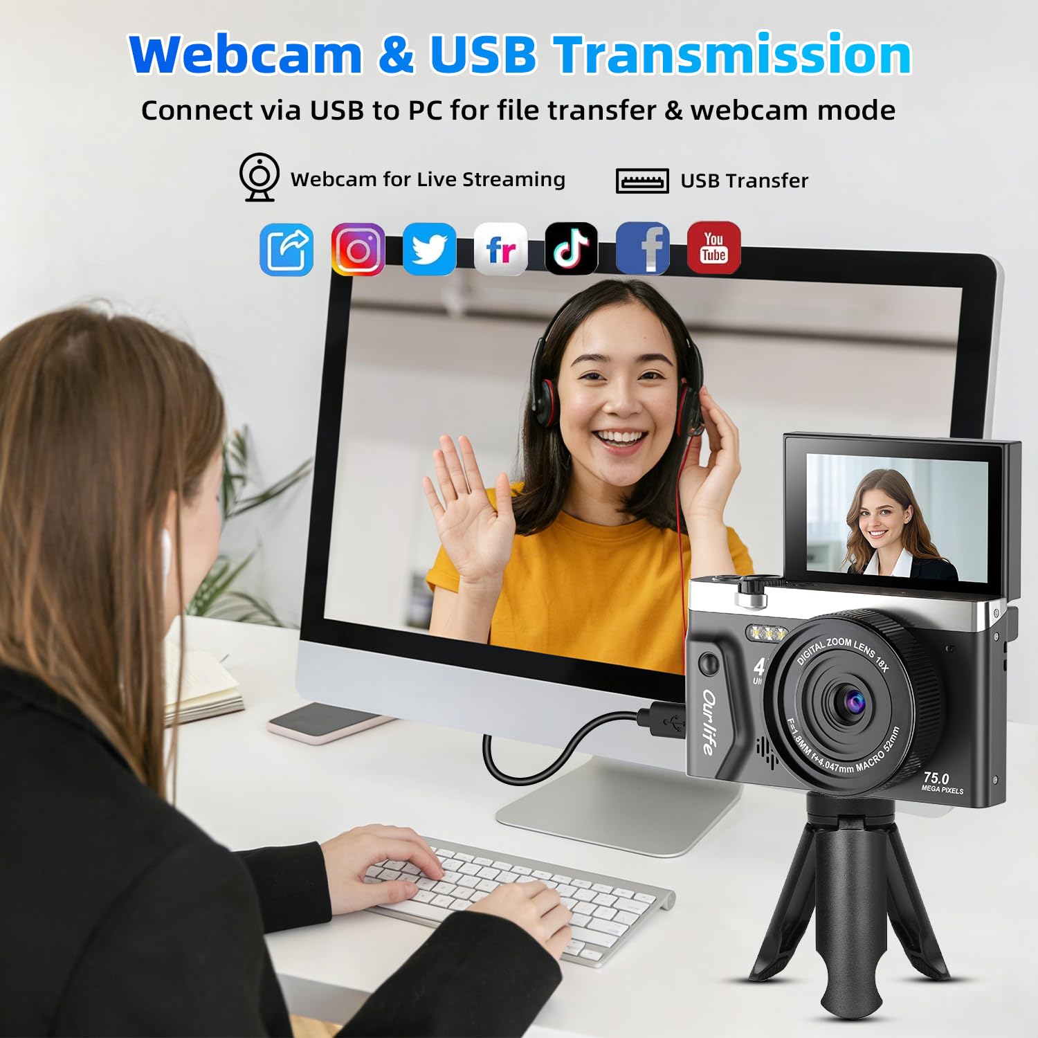 Ourlife Appareil Photo Numérique 4K 75MP pour la Photographie avec Trépied