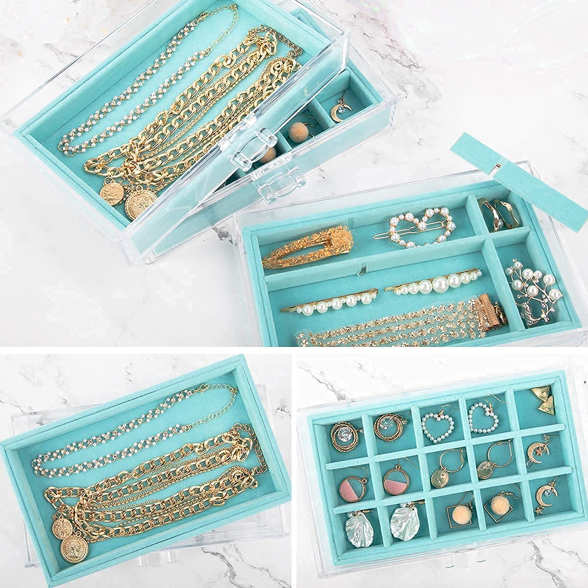Acrylic with 4 Drawers Velvet Jewellery Storage Box Transparent Jewellery Storage Box for Women (Grey) (Gray) (White) (Blue)