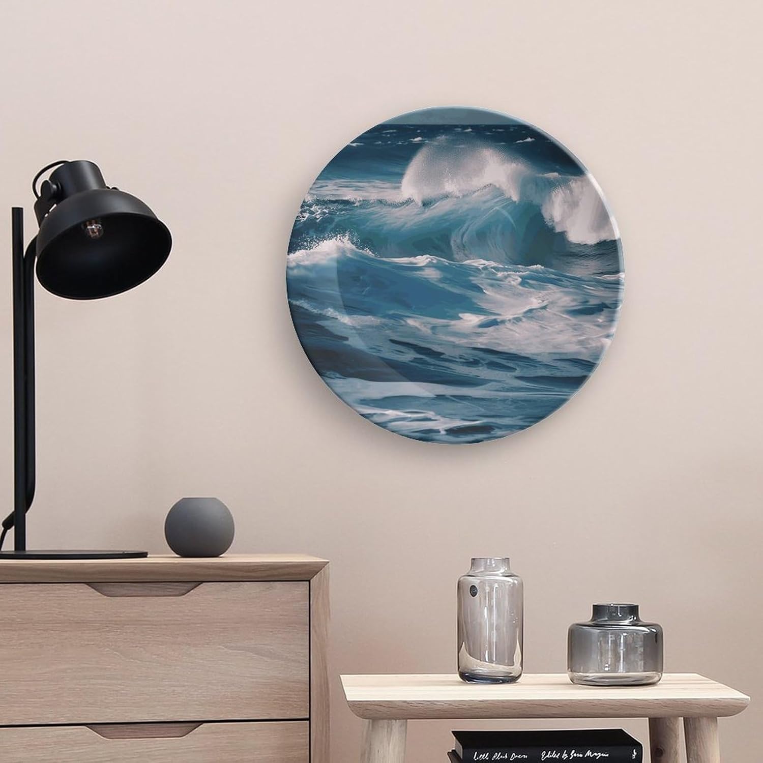 Ocean Waves Decorative Plates for Display Round Porcelain Plate Living Room Table Ceramic Hanging Decorative Plate Art Decor for Living Room Table with 1 Display Stand 10inch