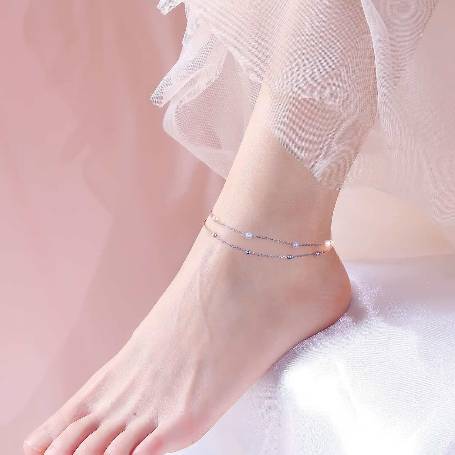 DAOCHONG Anklet for Women S925 Sterling Silver Adjustable Foot Heart Lotus Infinity Moon Srars Flower Pearl Multilayer Layered Ankle Bracelet Beach Jewelry