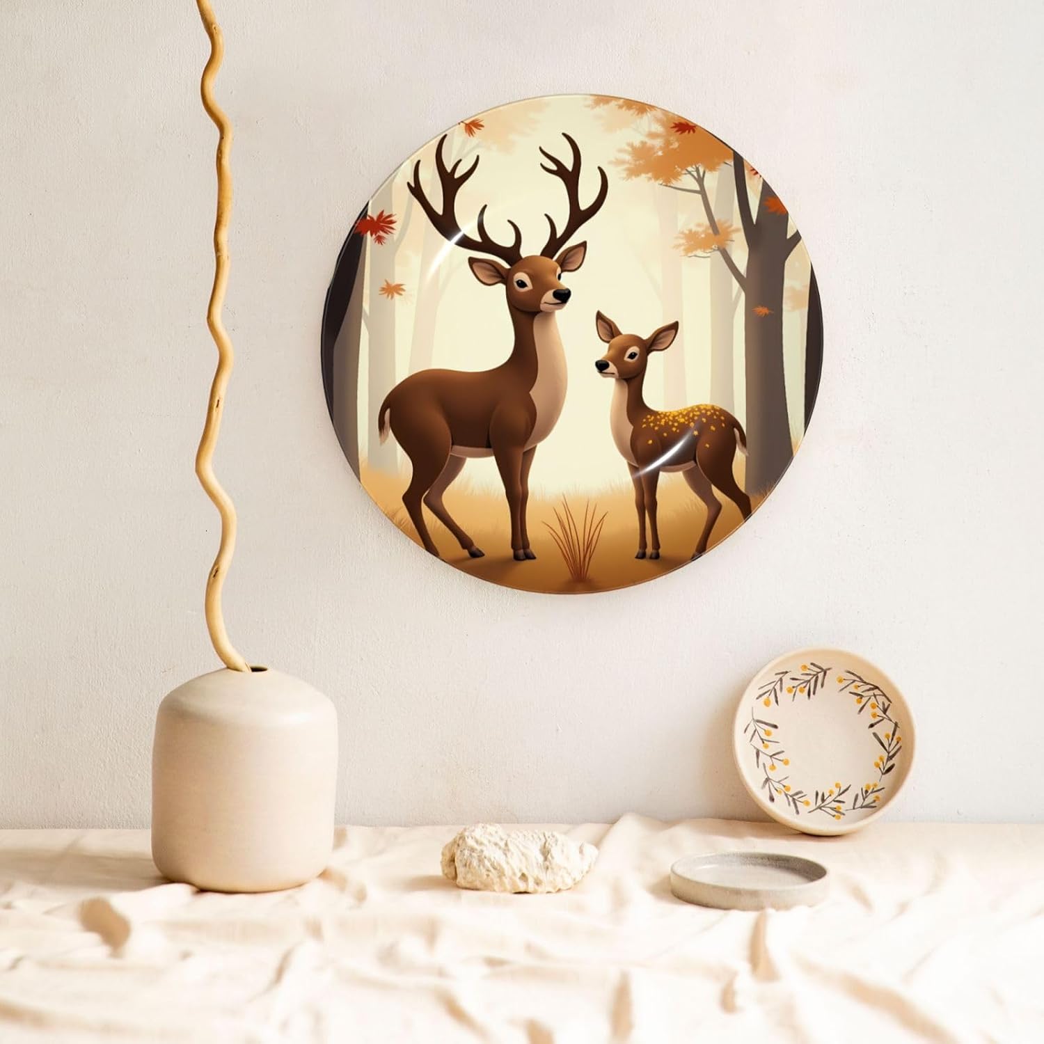 Autumn Deer Style Ceramic Plate Display Decorative Plate With Stand Wall Hanging Plate For Home Decor 10 Inch