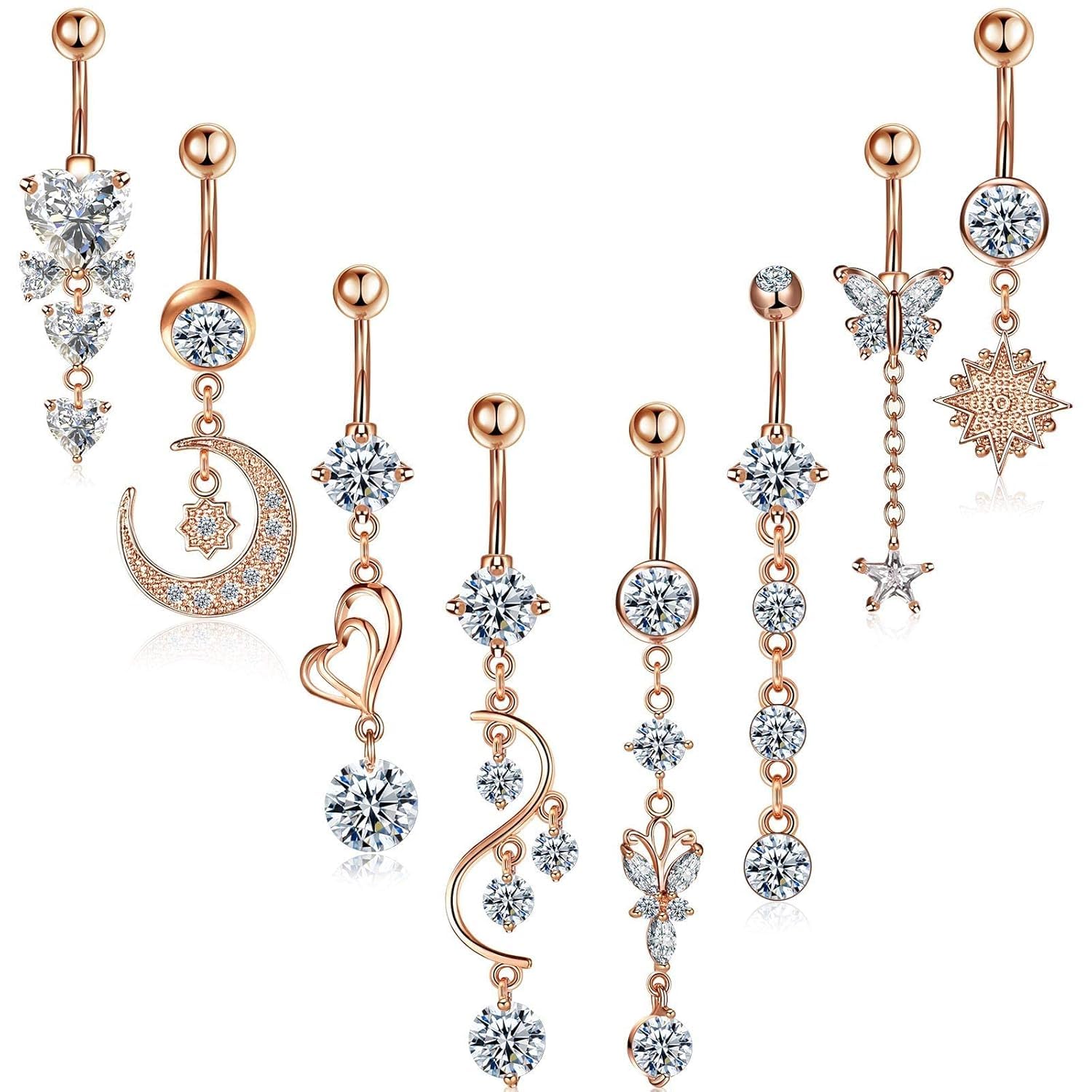 Excefore Belly Button Rings, 8 Pcs 14G Stainless Steel Long Dangle Navel Ring CZ Body Piercing Jewelry for Women(Gold)