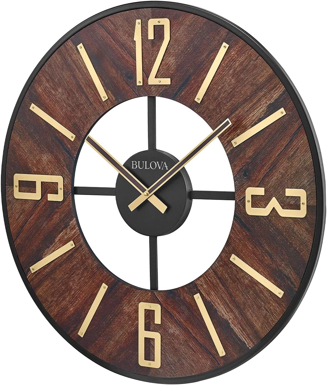 Bulova Boardroom Wall Clock C3394 | 27" Walnut Veneer Frame with Brass Accents | Quartz Movement | Battery Operated | Mid-Century Modern Gallery Design