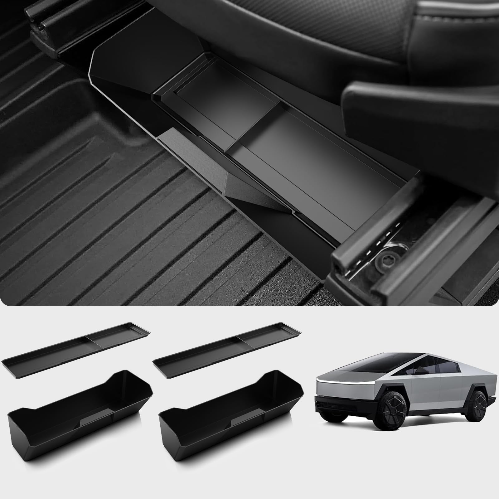 SUMK Front Under Seat Storage Box for Tesla Cybertruck Accessories 2024 2025, ABS & Silicone Underseat Storage Tray Box Organizer for Cybertruck [2 Pack]