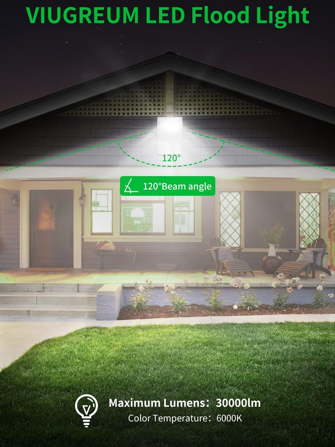 Viugreum 300W LED Flood Light, 24000LM Super Bright Outdoor Work Stadium Lights, 6000K Daylight White, 1500W Halogen Equivalent, IP66 Waterproof Security Floodlight for Garage, Garden, Lawn, Yard