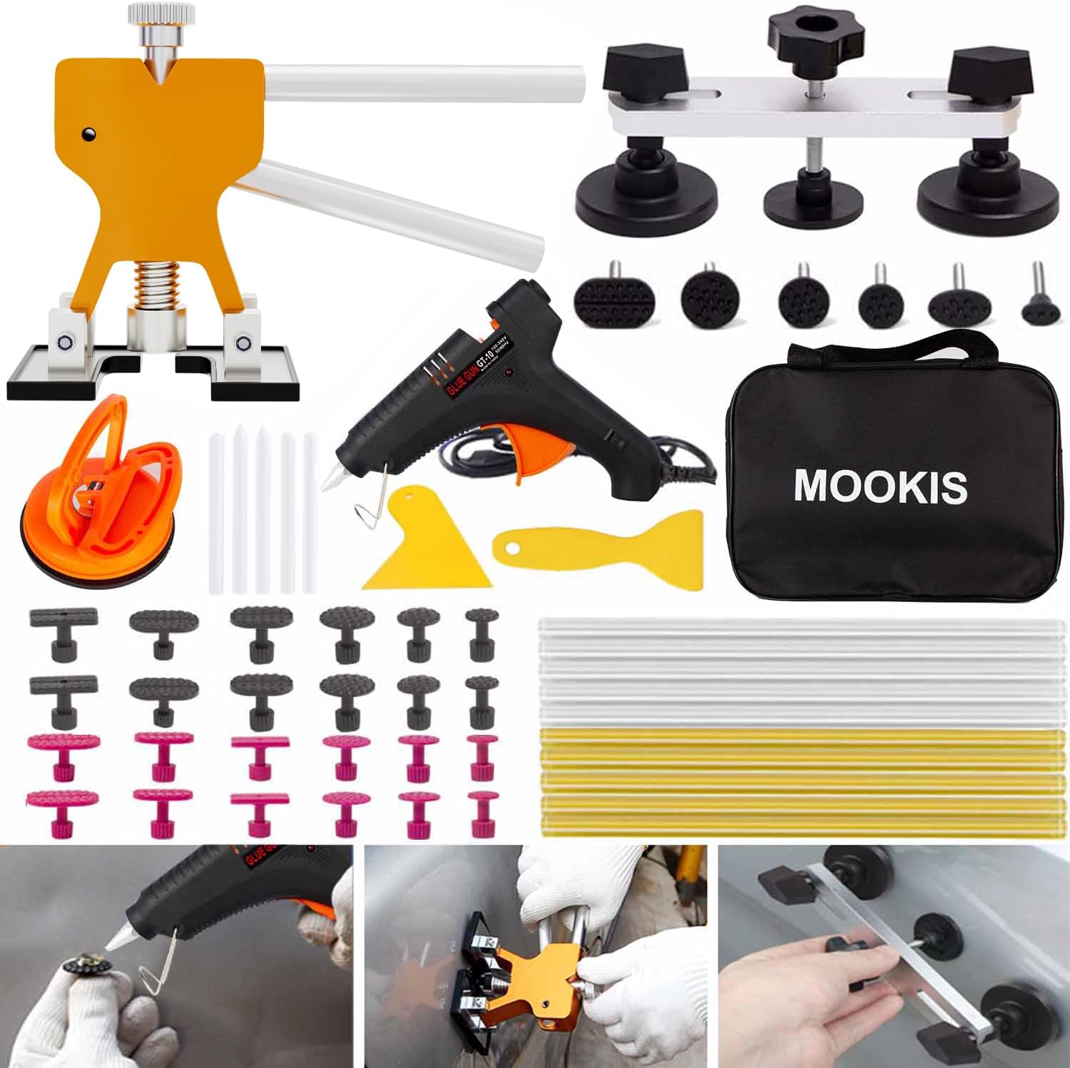 Mookis Dent Removal Kit Paintless Dent Repair Kit 51 Pcs Dent Repair Kit with Golden Dent Lifter, Bridge Dent Puller and Suction Cup