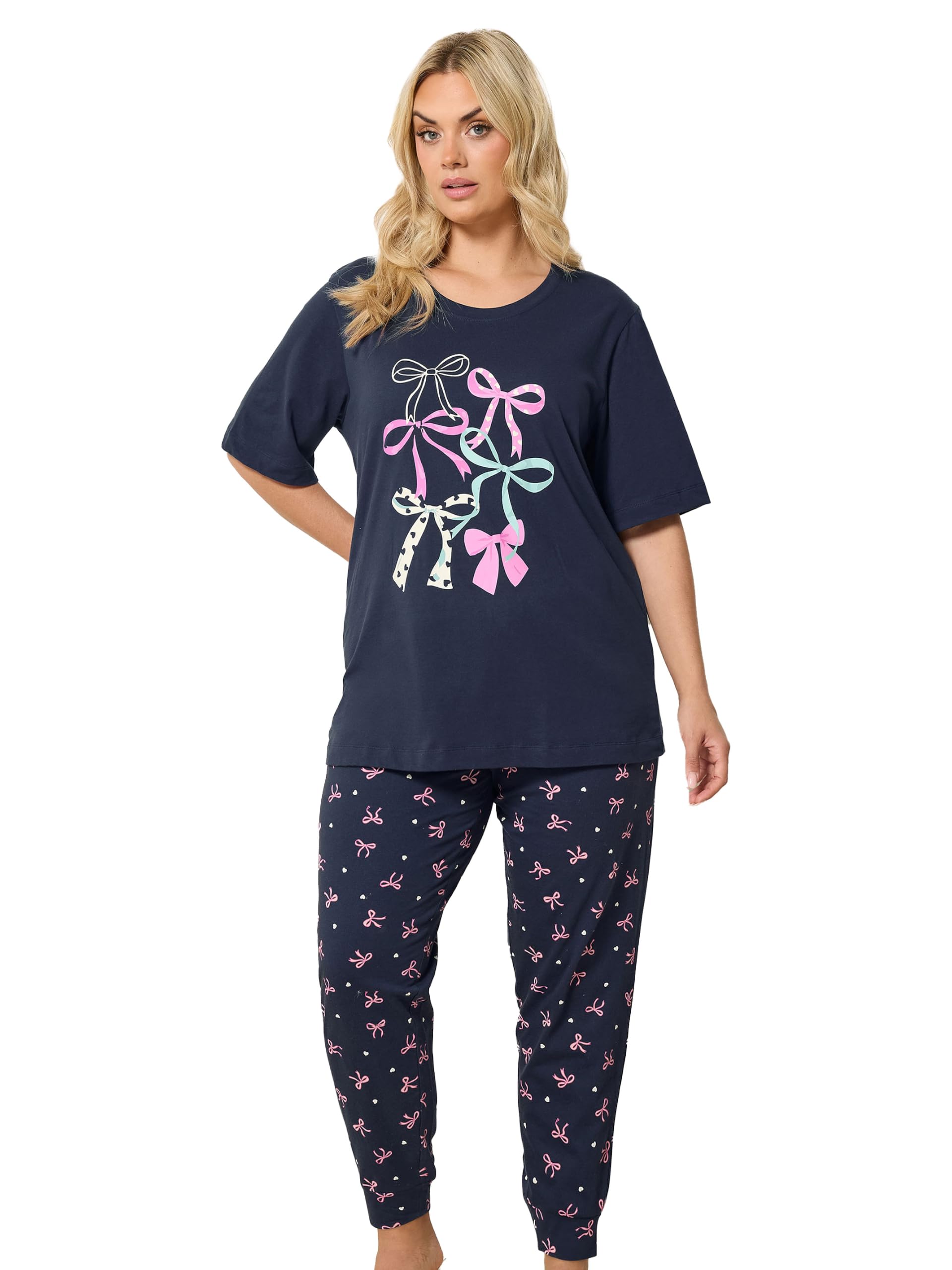 Yours Curve Blue Bow Print Pyjama Set - Women's - Plus Size Curve