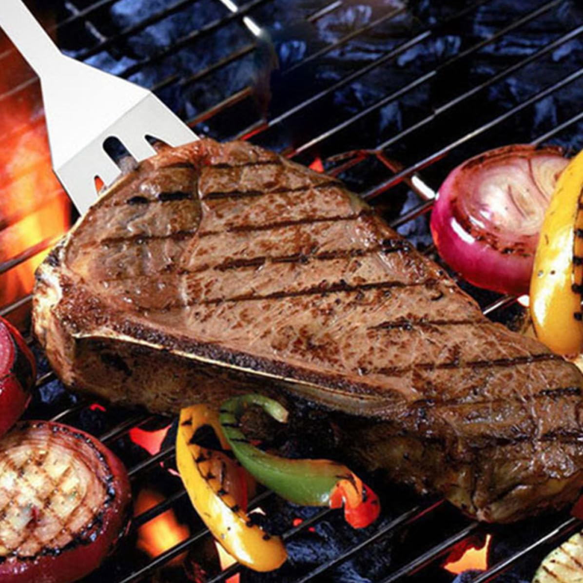 Grillbesteck mit Tasche 12 Stück aus Edelstahl für Outdoor | Schwarz, Schaufel Zange Messer Gabel Bürste Stahlbürste Spieß, für Picknick und Camping