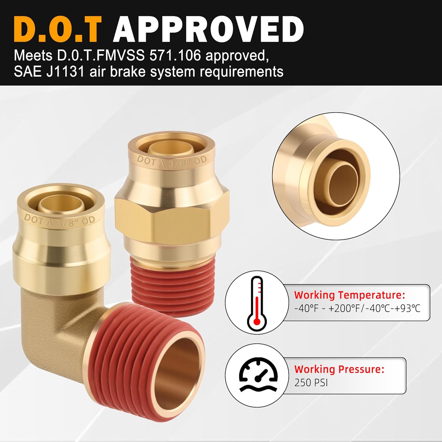 5PCS DOT Approved Quick Push to Connect Fittings, Brass 90 Degree Union Elbow 5/8" Tube OD x 3/8" NPT Thread Air Brake Line Adapter Air Suspension Kit for Car Truck Trailers