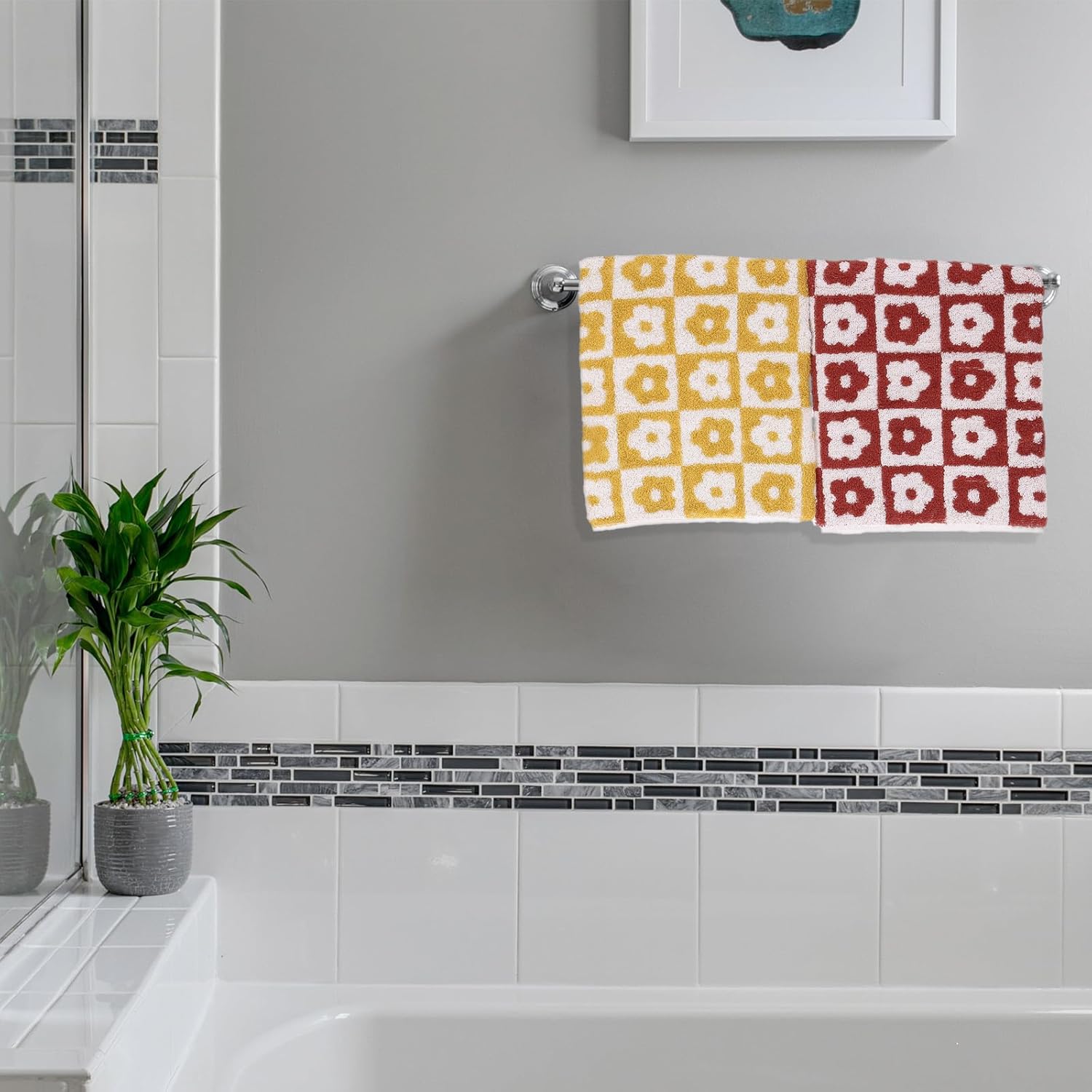 uxcell 4 Pcs Bathroom Hand Towels Yellow Soft Absorbent Face Towels Cotton Wash Cloths 13 x 29 Inch Kitchen Hand Towels for Bathroom Gym Drying Hand Face Hair (Checkered)