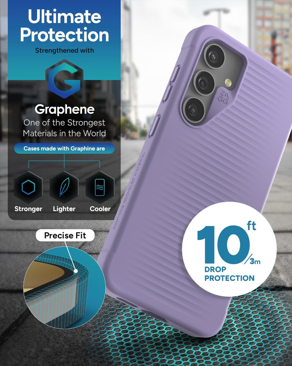 ZAGG Luxe Samsung Galaxy S24 Case – Graphene-Enhanced, Ultra-Slim, Shock-Resistant, 10ft Drop Protection, Eco-Friendly Design, Wireless Charging Compatible, Lilac Purple
