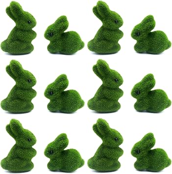 Moss Easter Bunny Home Decor, 12 Pcs Artificial Green Moss Rabbit for Easter Decoration, Small Flocked Bunny Figurines for Spring Table Decor 12