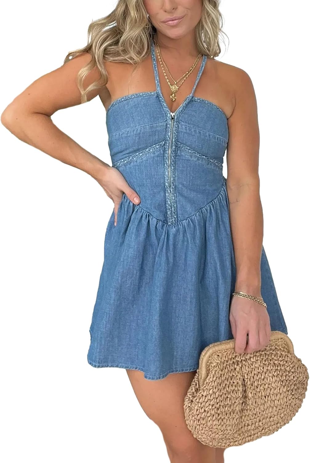 SOMTHRON Women's Denim Mini Dress Sleeveless Halter Neck Tie Back Pleated Swing Ruffle Jean Short Dress