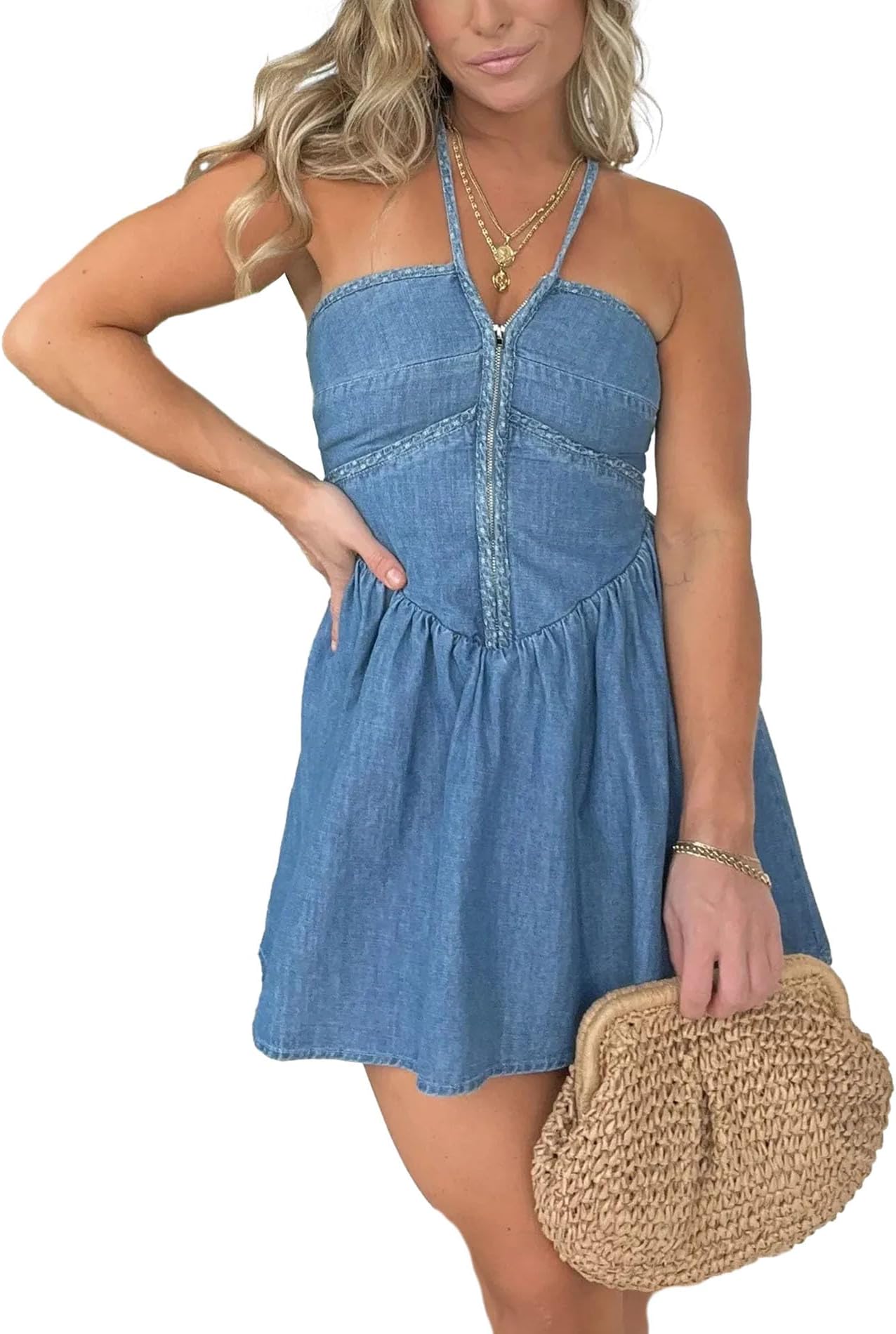 Women's Denim Mini Dress Sleeveless Halter Neck Tie Back Pleated Swing Ruffle Jean Short Dress