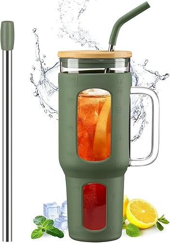 Miniatura 8 de Vaso de vidrio con tapa y pajilla, taza para café helado de 46 oz con asa, botellas de agua grandes con funda de silicona, taza de vidrio con