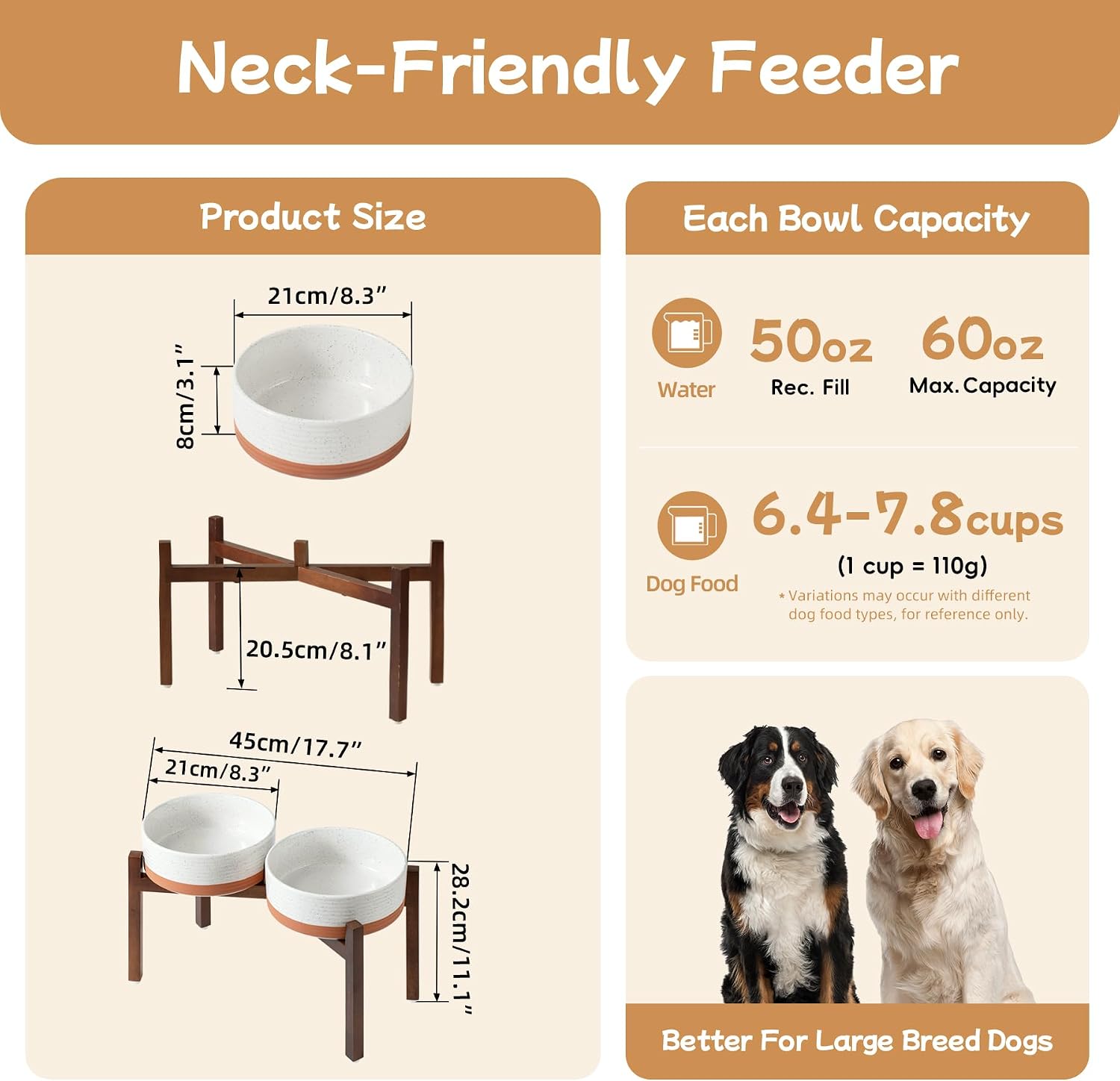 Havniva 8.2" Elevated Dog Bowls Ceramic Raised Dog Bowl with Non-Slip Stand (Acacia Wood) Weighted Dog Food & Water Bowl for Large Breed Dogs - 7.6 Cups 60 oz