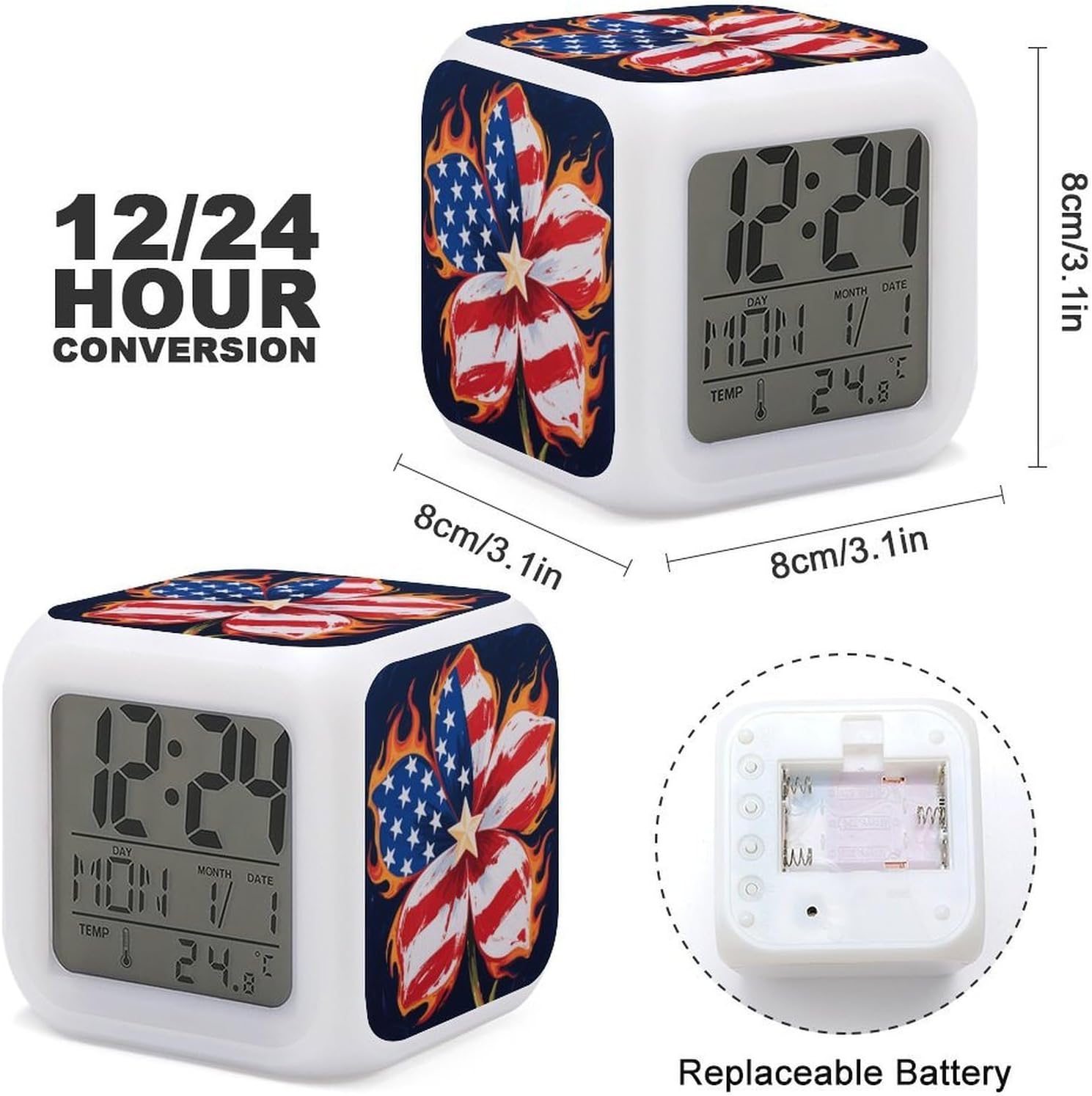 Night Light Alarm Clock, 7 Color Changing, American Flag Flower image 3