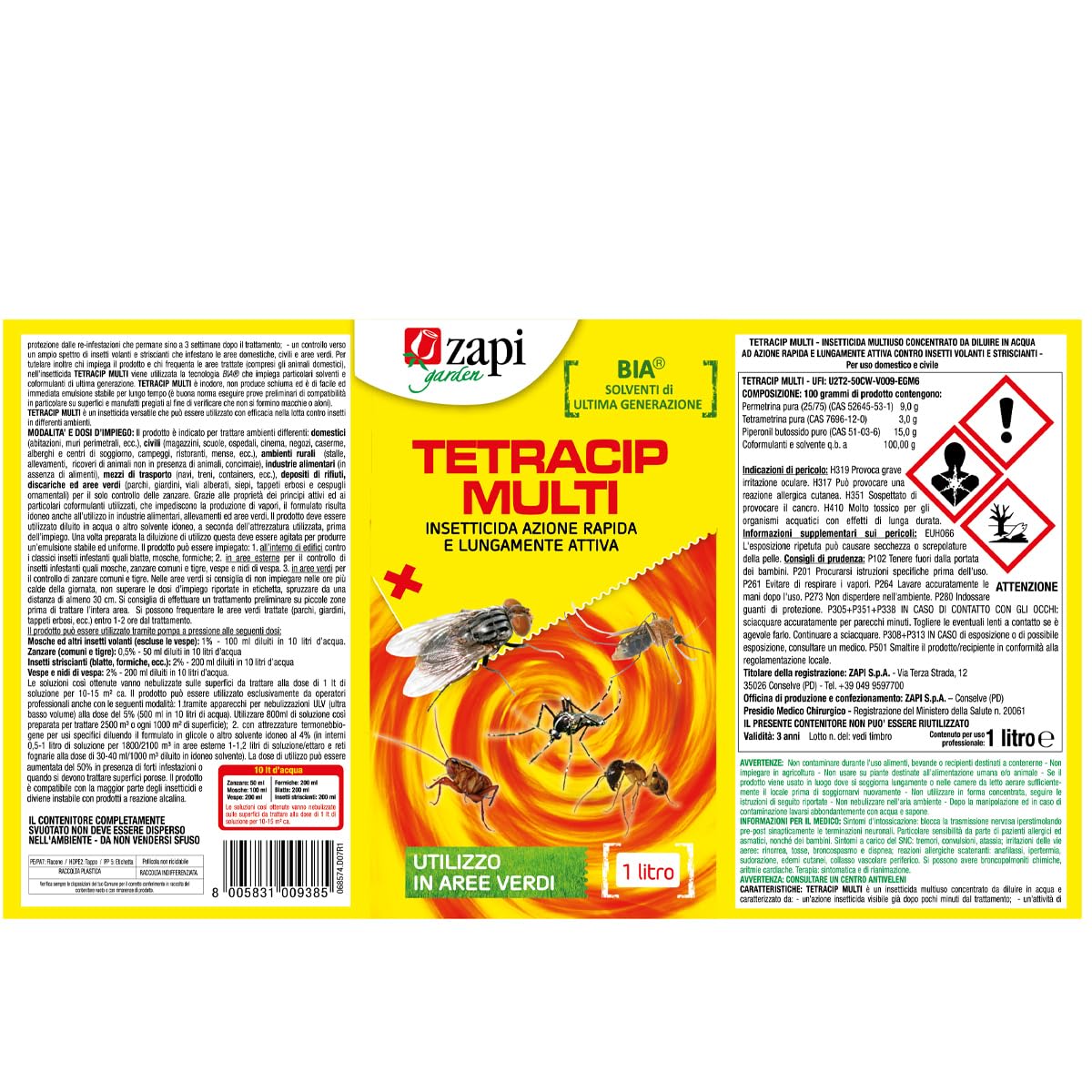 Tetracip Multi Insetticida Concentrato Contro Mosche Zanzare Blatte Formiche Nidi Vespe Antizanzare Esterno 1L
