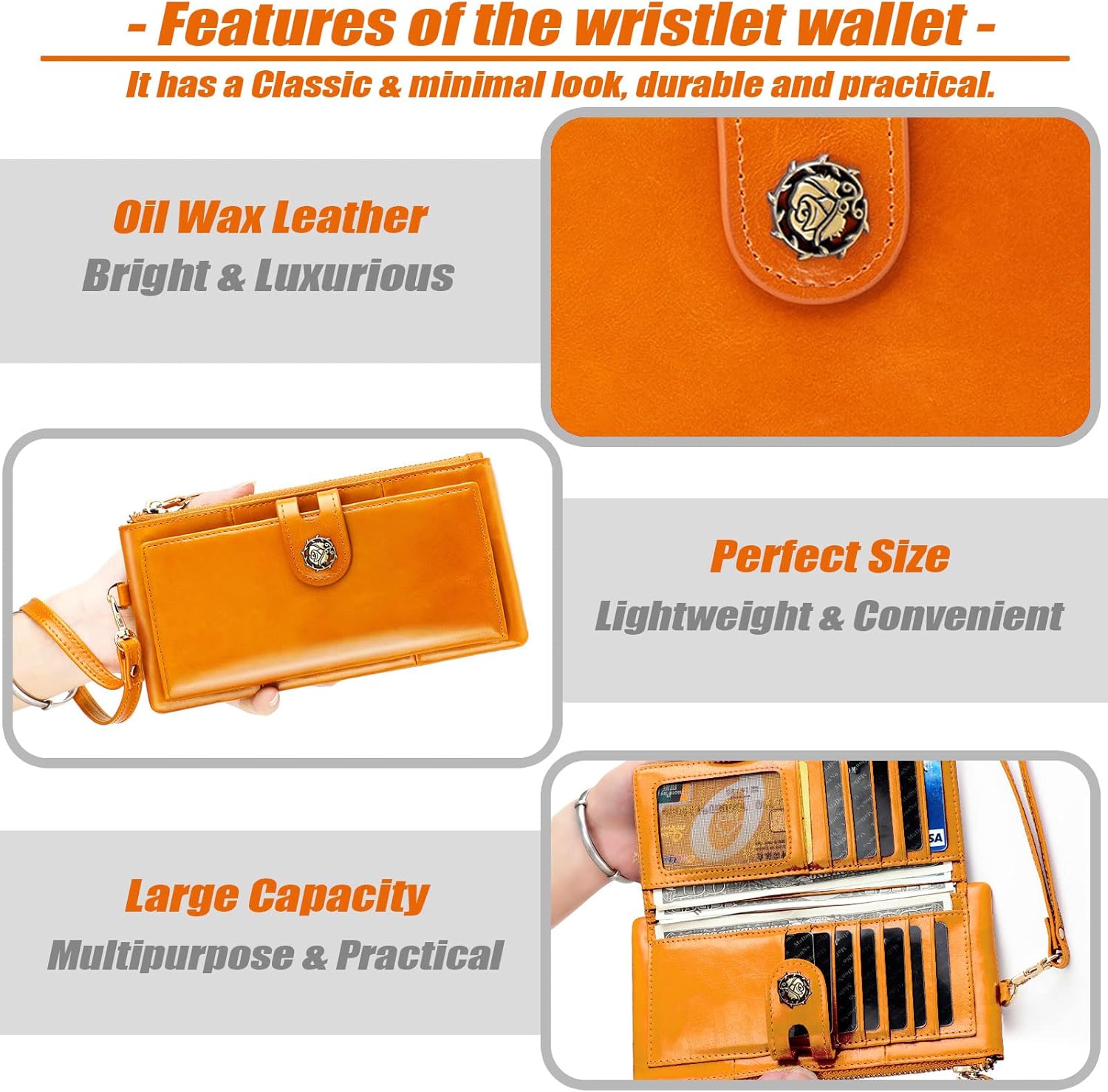 Large Capacity Wristlet Wallet for Women Oil & Wax Genuine Leather Phone Wallet RFID Blocking Card Holder Clutch for Ladies (Brown)