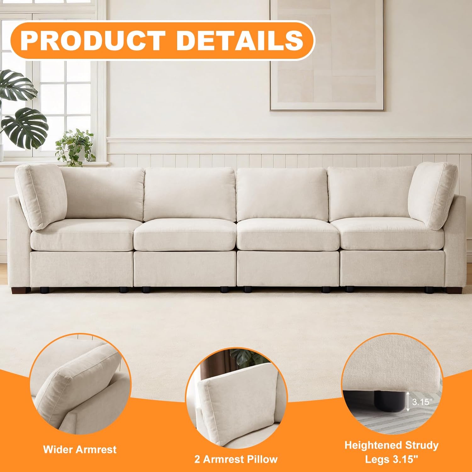 TEKAMON 122" Modern Sofa Modular Sectional Couch, 4-Seat Chenille Deep Seat Sofa for Living Room, Bedroom and Apartment, Beige | High-Res Foam, Flexible Layout, Sturdy Wood Frame, Easy 30-Min Assembly, Warranty & Support