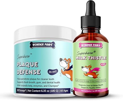 WONDER PAWS Plaque Defense Powder Plus Milk Thistle Drops - for Dog Dental Health, Liver, Detox & Overall Wellness Plaque Defense Powder 6.35 Ounces - Milk Thistle 2 Ounces