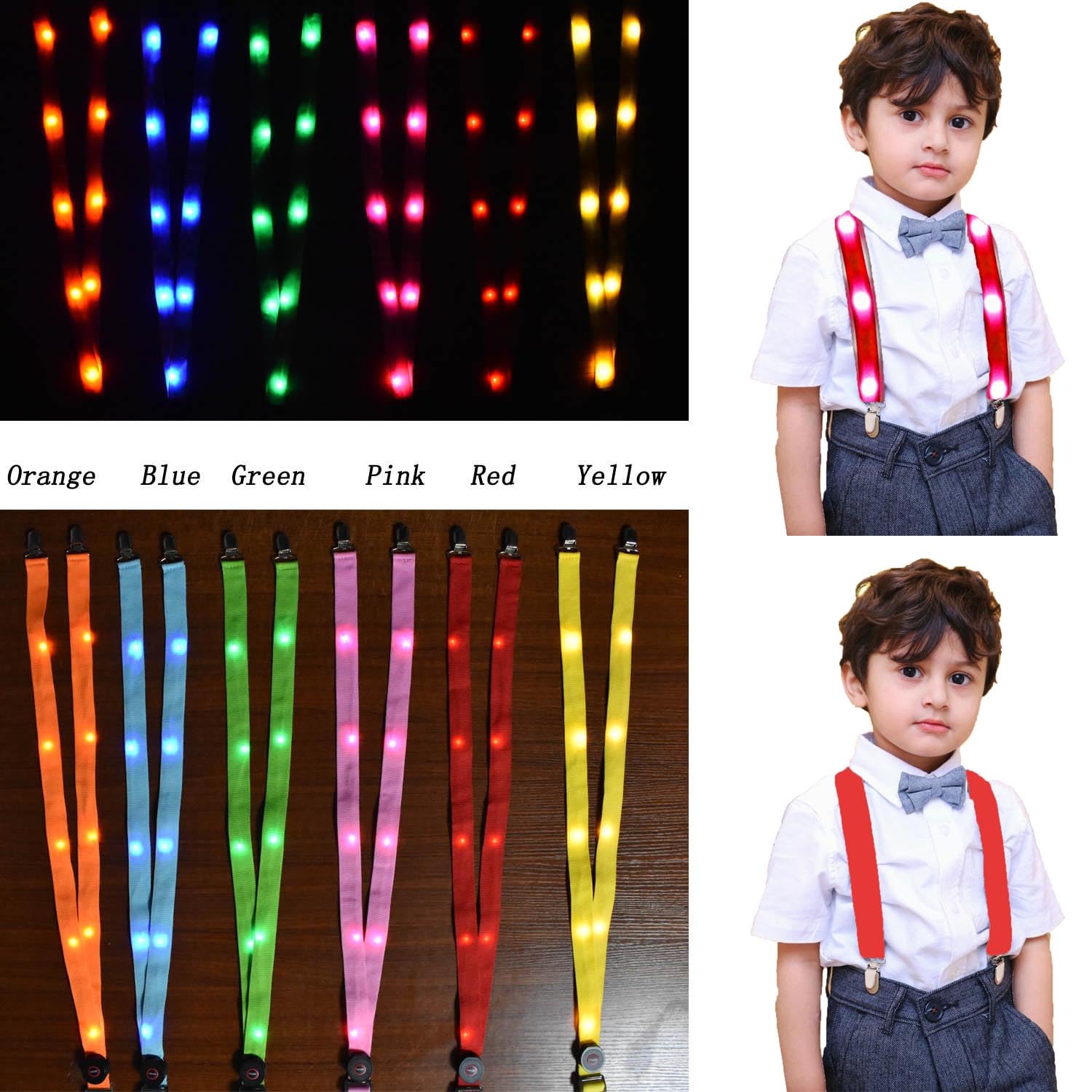 Tirantes con luz para niños y niños - Tirantes ajustables elásticos con parte trasera en Y - Rojo - Medium