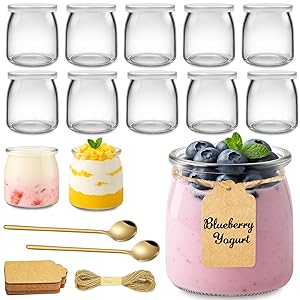 12 Piezas Vasos Yogurtera con Tapa & Cucharada, 200ml Botes Cristal Pequeños, Tarros de Cristal con Tapa Pequeños, Papel Kraft y Cordel para Yogur, Postres, Flanes, Mermeladas, Miel