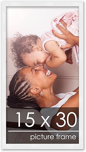 Poster Palooza Marco de fotos de madera maciza blanca de 15 x 30 pulgadas  Acrílico UV, respaldo de tablero de espuma y accesorios para colgar