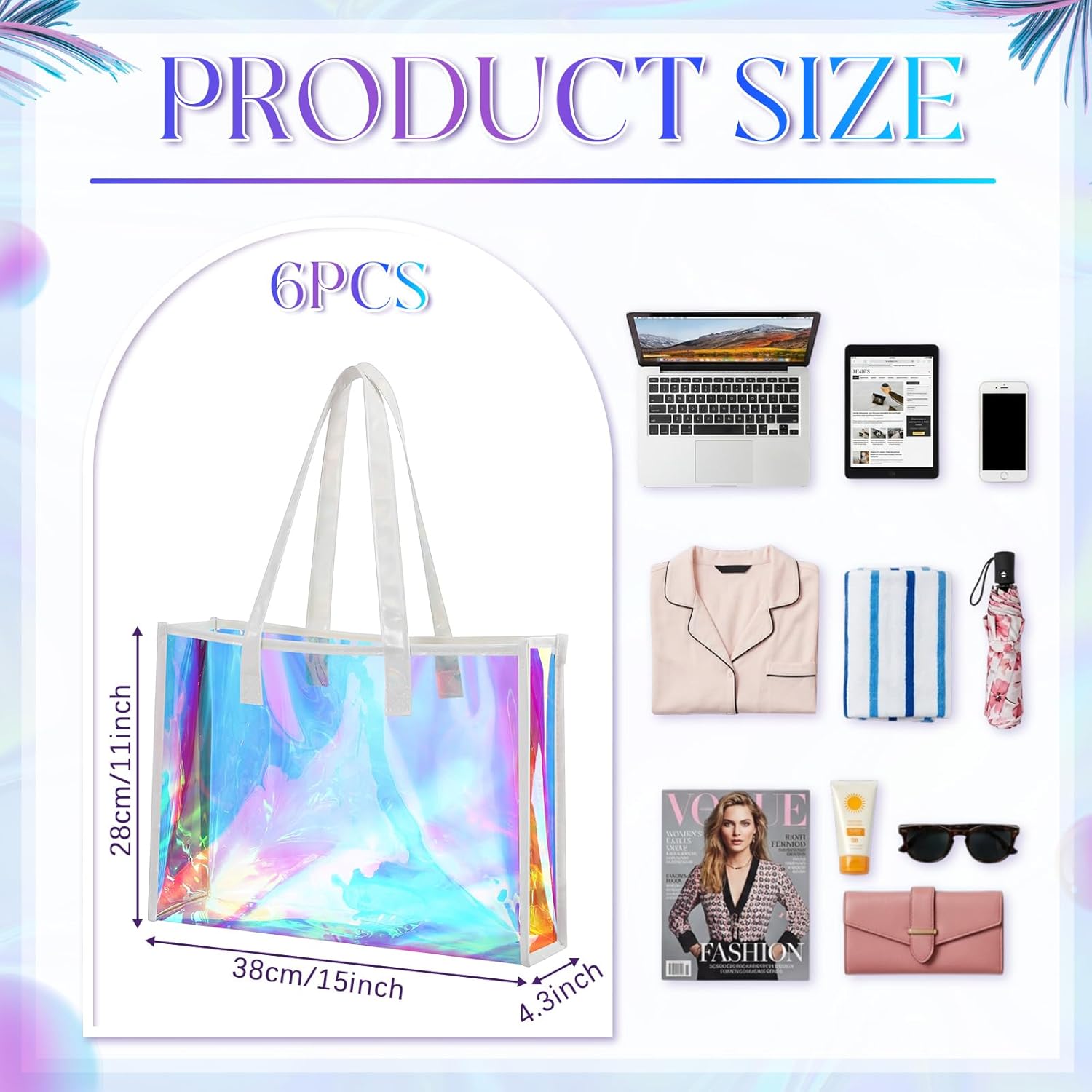 Aliceset 6 Pcs Iridescent Tote Bags with Handle Bachelorette Party Favors 15x11x4.3'' Bridesmaid Holographic Bags for Travel