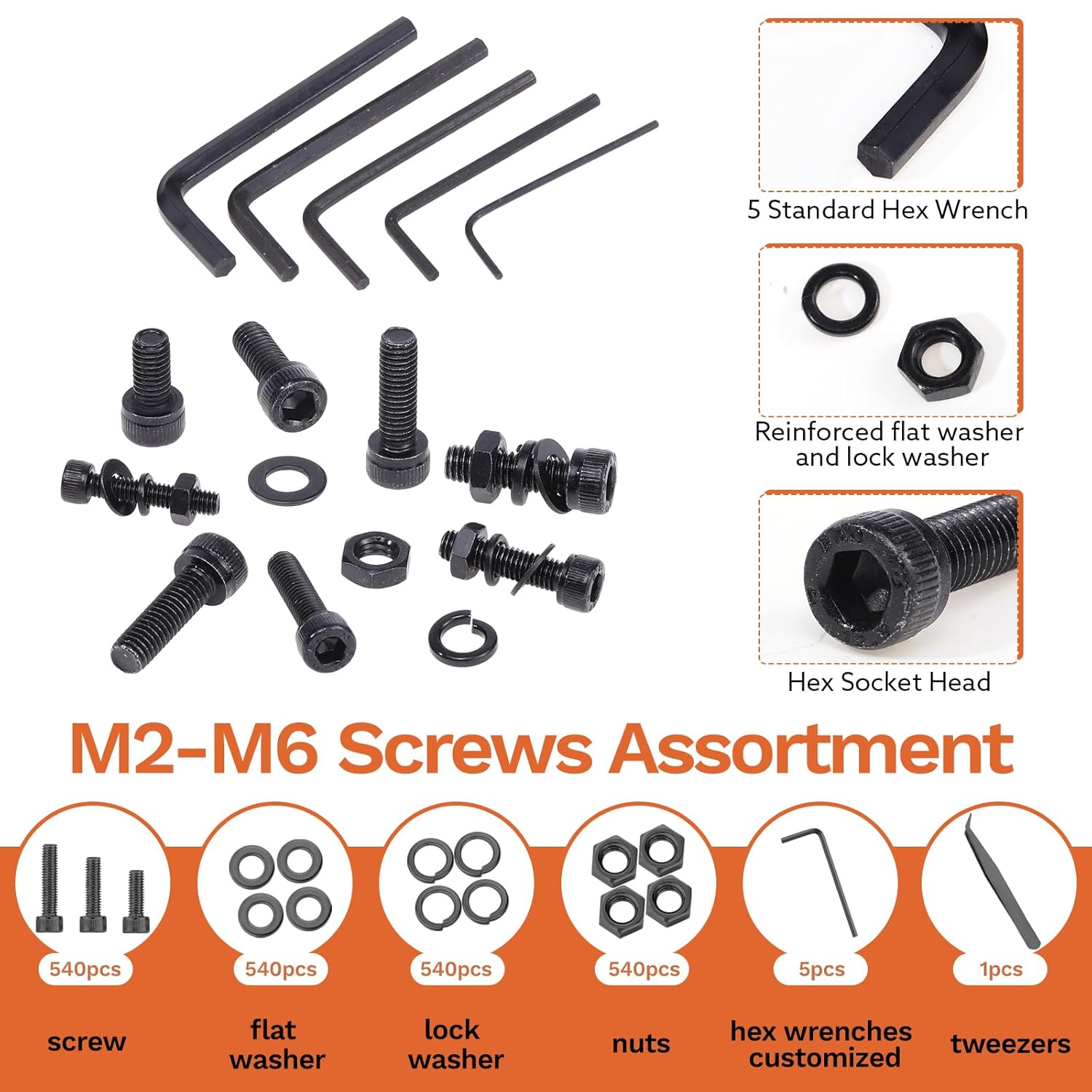 Hapric 2160 Pcs Metric Screw Assortment Metric Bolts M2 M3 M4 M5 M6 Nuts and Bolt Kit, 12.9 Alloy Steel Black Zinc Plated Hex Socket Head Screws Nuts Bolts and Washers Set