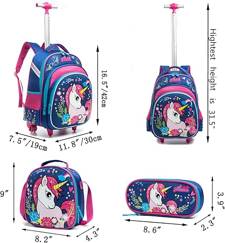 Miniatura 2 de Meetbelify Mochilas con ruedas de unicornio para niñas, mochila con ruedas para niñas, bolsas escolares con lonchera