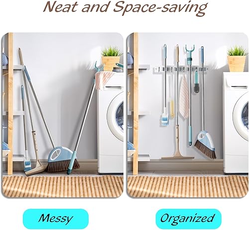 Miniatura 3 de Paquete de 2 Soporte para Escoba y Trapeador de Montaje en Pared - Colgador de Escoba y Trapeador de Madera Blanca - Organizador de Rack