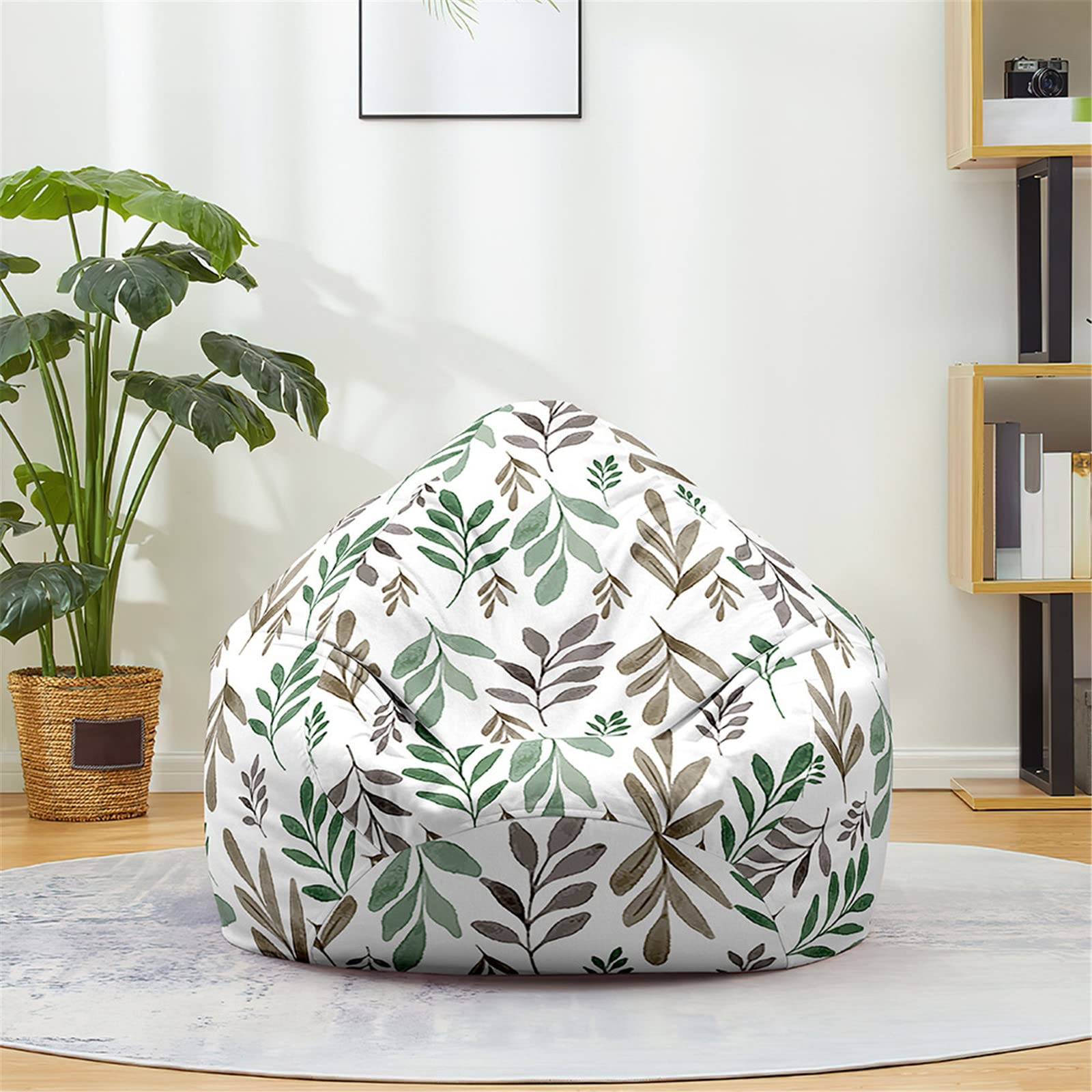 Fodera per Pouf a Sacco, Motivo Foglie Pouf Poltrona Sacco Senza Imbottitura/Copertura per Pouf Sacco con Cerniera/Copertura per Poltrona Sacco per Adulti e Bambini (90x110cm,Grigio)