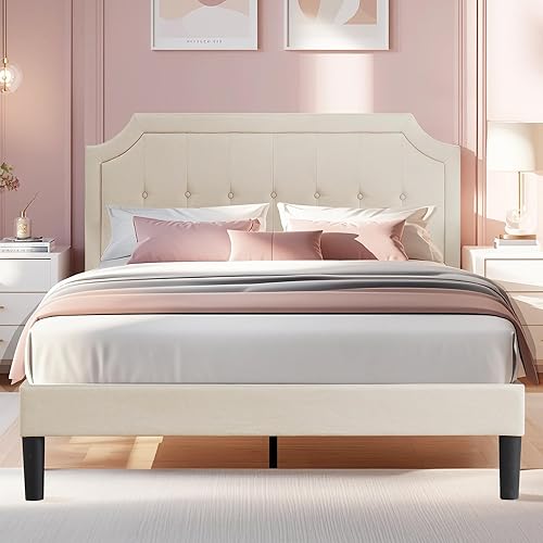 Miniatura 24 de VECELO Base de cama de tamaño matrimonial con cabecera ajustable copetuda, base de colchón, soporte de listones de madera, fácil montaje, color gris