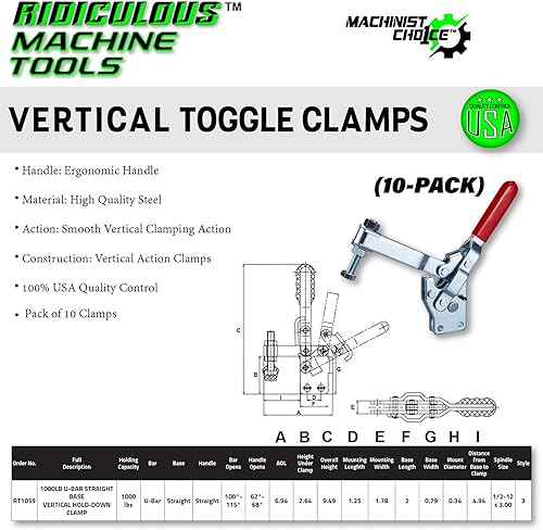 Miniatura 10 de Paquete de 5 abrazaderas verticales de sujeción vertical con barra en U de 1000 libras (igual que 247-UB)