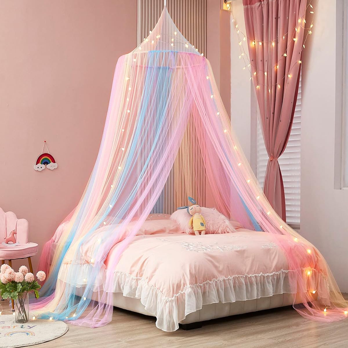 Namvo Moskitonetz fürs Bett, Moskitonetz für Doppelbett, Einzelbett, Bunte Sterne, leuchtender Baldachin, hängendes Moskitonetz für Reisen, Dekoration und Zuhause