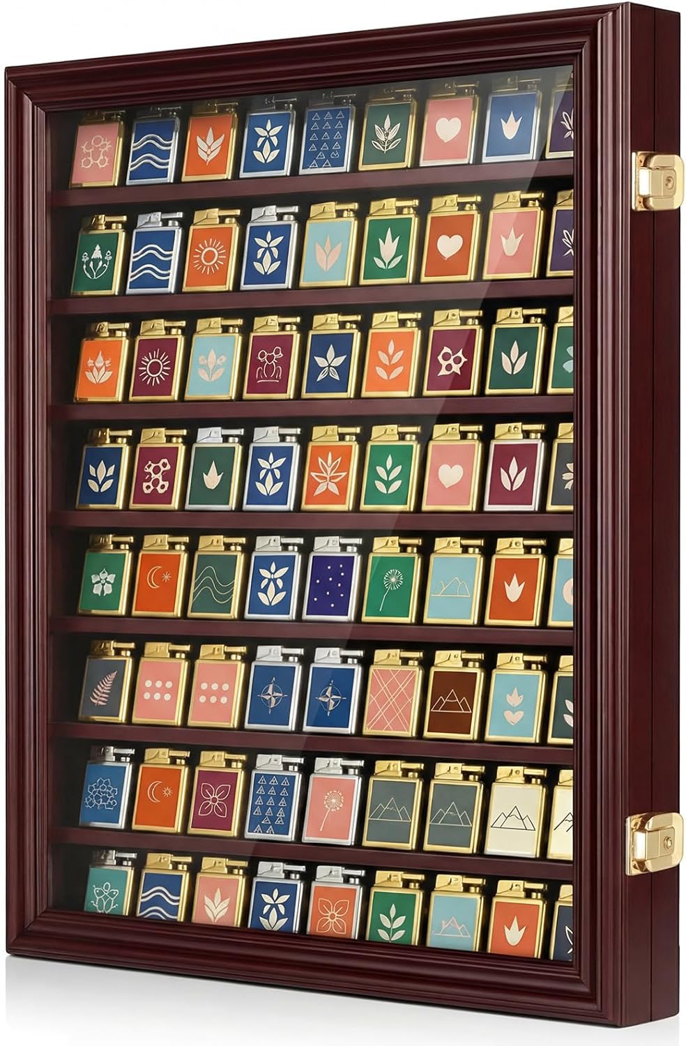 80 Lighter Display Case Wall Mount Display Case for Lighter Detachable Wooden Cabinet W/98% UV Acrylic Door Lockable Spoon Storage Box for Collection, 22.44 x 16.93 x 1.97 Inch, Cherry Finish