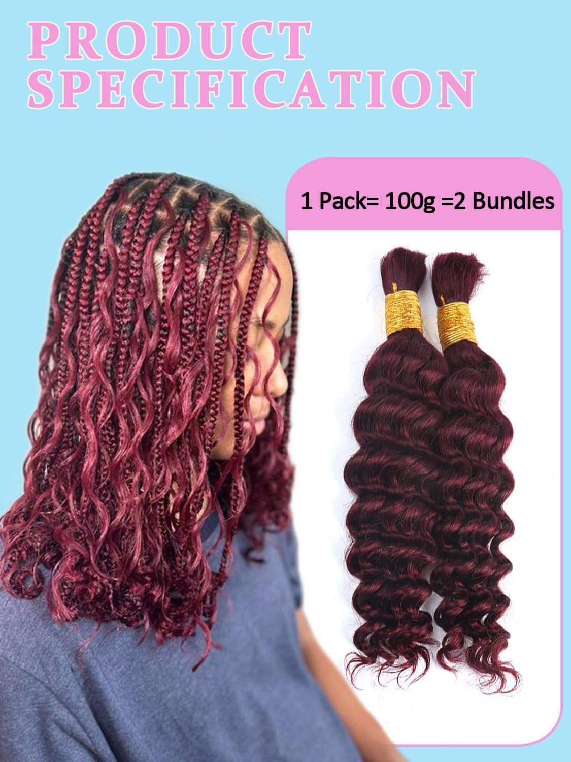 Sexycat Deep Curly Human Braiding Hair for Boho Braids 2 Bundles 14 Inch 100g,#99J Burgundy Water Wave Bulk Human Hair for Micro Braiding Wet and Wavy Human Hair Extensions - Image 2