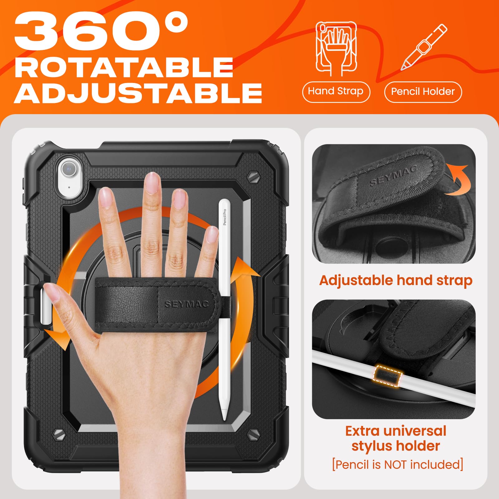 SEYMAC stock Case for iPad Air 11-inch M4-M2 2026-2024 Gen 8-6 Shockproof Heavy Duty Case with Screen Protector Pencil Holder Rotating Stand Hand Strap Shoulder Strap Black product thumbnail 5