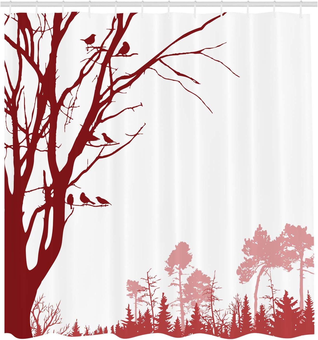 Ambesonne Forest Shower Curtain, Nature Theme The Panorama of a Forest Pattern Birds on Tree Branches Print, Cloth Fabric Bathroom Decor Set with Hooks, 75" Long, Burgundy White
