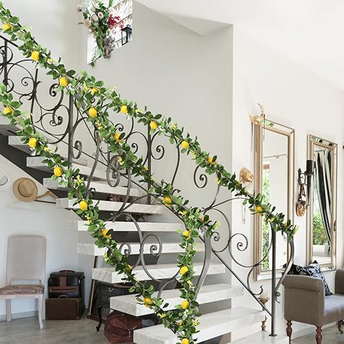 Miniatura 2 de Asodomo Guirnalda artificial de limón de 6 pies para primavera y verano con limones y flores, guirnalda de frutas sintéticas para cocina, mesa,