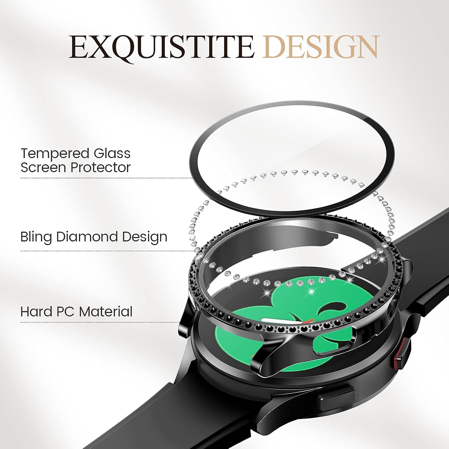Goton Compatible for Samsung Galaxy Watch 4 Screen Protector Case 44mm 2021, Bling Crystal Diamonds Protective Bumper Cover with Tempered Glass Film Accessories for Women Girl (Black, 44mm)