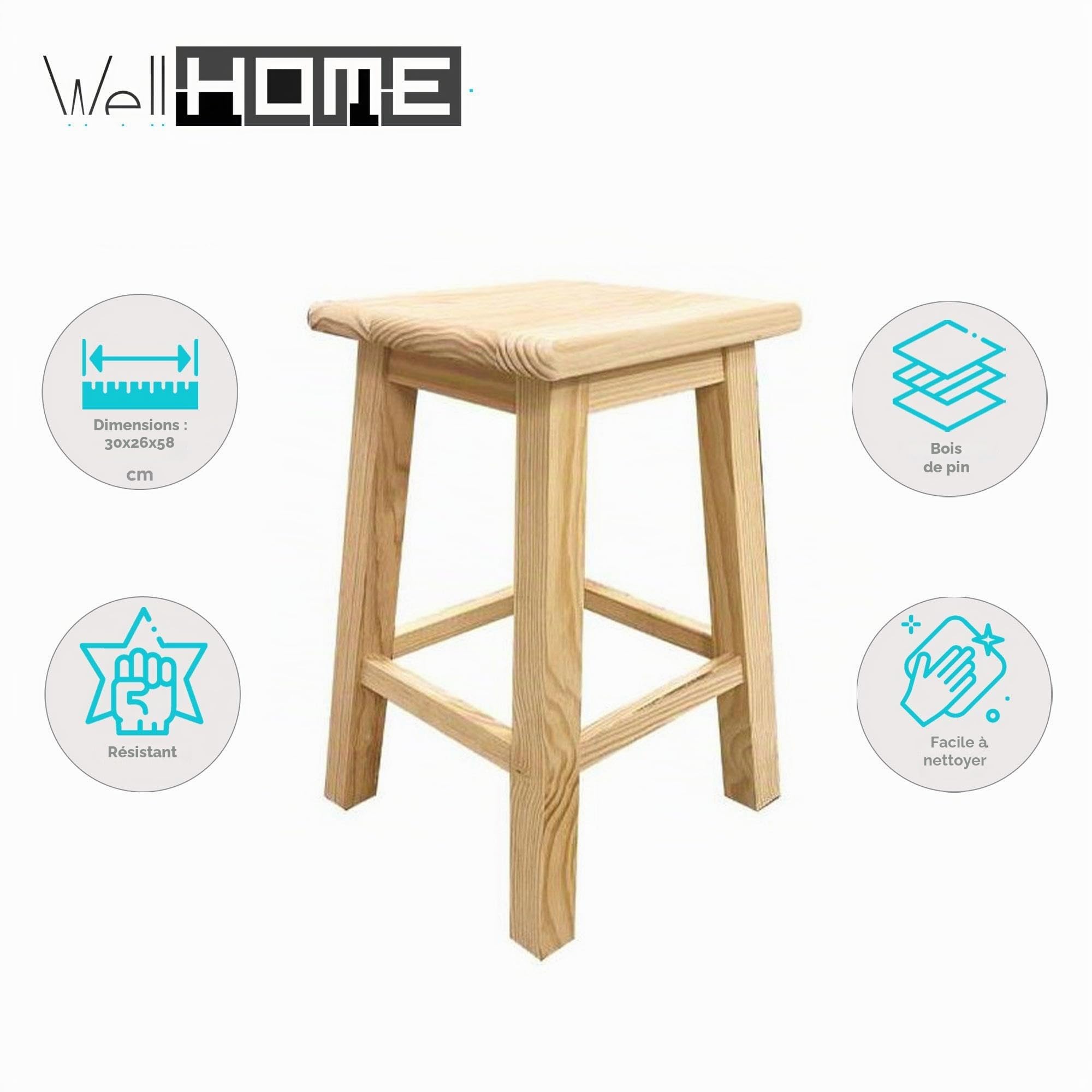 Well Home Tabouret carré en bois massif de couleur naturelle 31x31x50cm