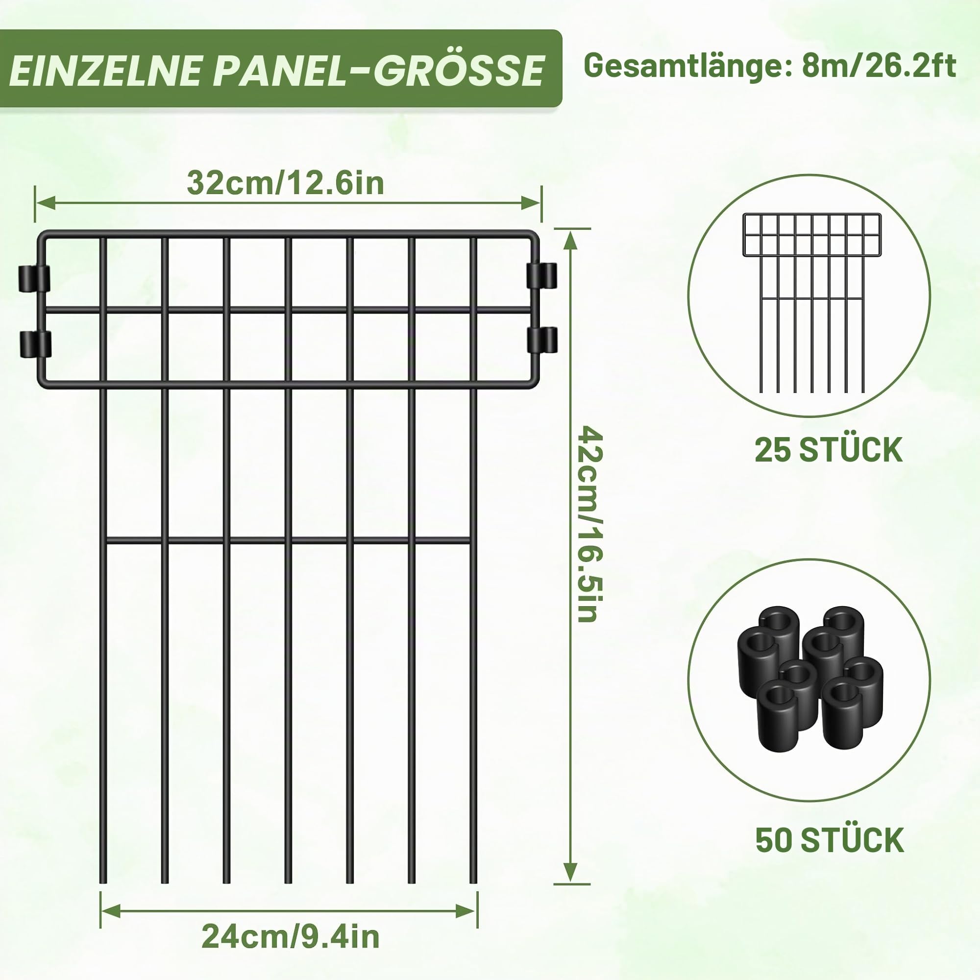 XMTECH Dekorativer Gartenzaun aus Metall, 25 Stück, 42x32cm, Schwarz, Mobiler Zaun für Hunde, Blumenbeet & Hof, Camping, Steckzaun, Zaun Garten, Hundezaun - Type B