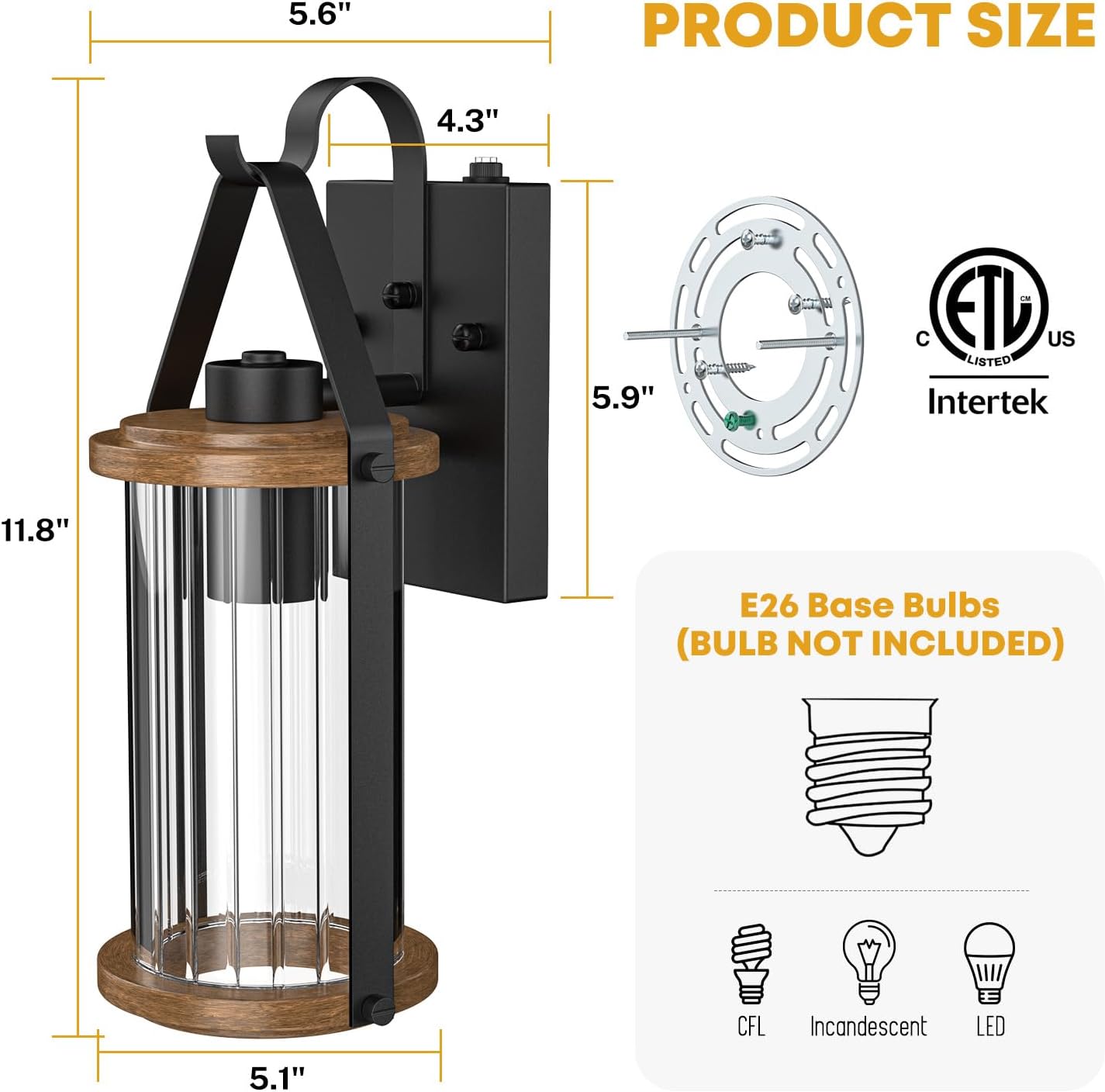 Dusk to Dawn Outdoor Light, Front Porch Light Waterproof Exterior Lighting Fixtures Wood Effect Glass Modern Outside Light for House, Patio, Yard, Garage Black 1 Pack