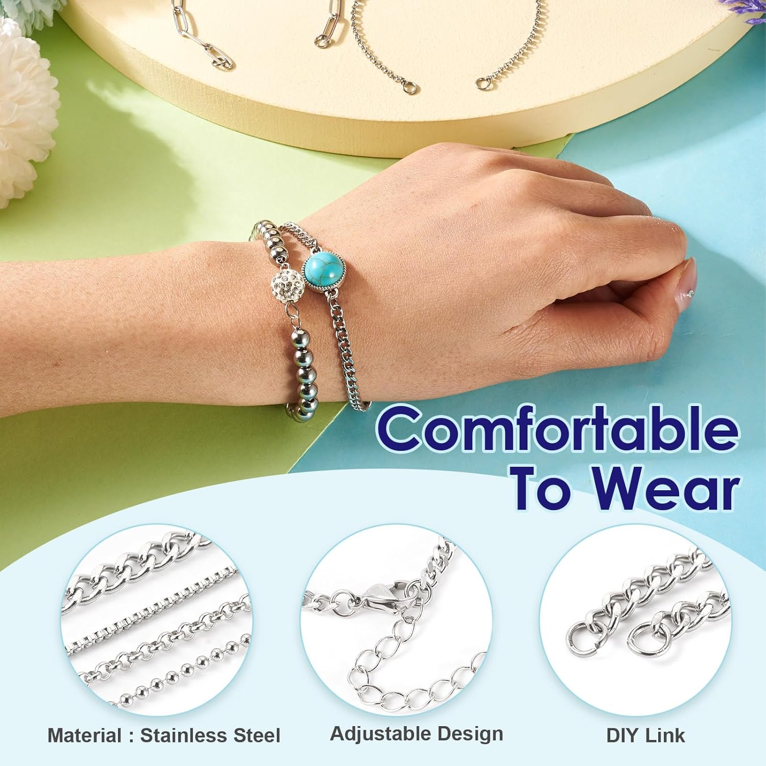 Pandahall 7Pcs Stainless Steel Chain Charms Bracelet 7 Styles Adjustable Slider Chain Bracelets Extender Chain with Lobster Clasp for DIY Bracelet Chain Jewelry Making - Image 3