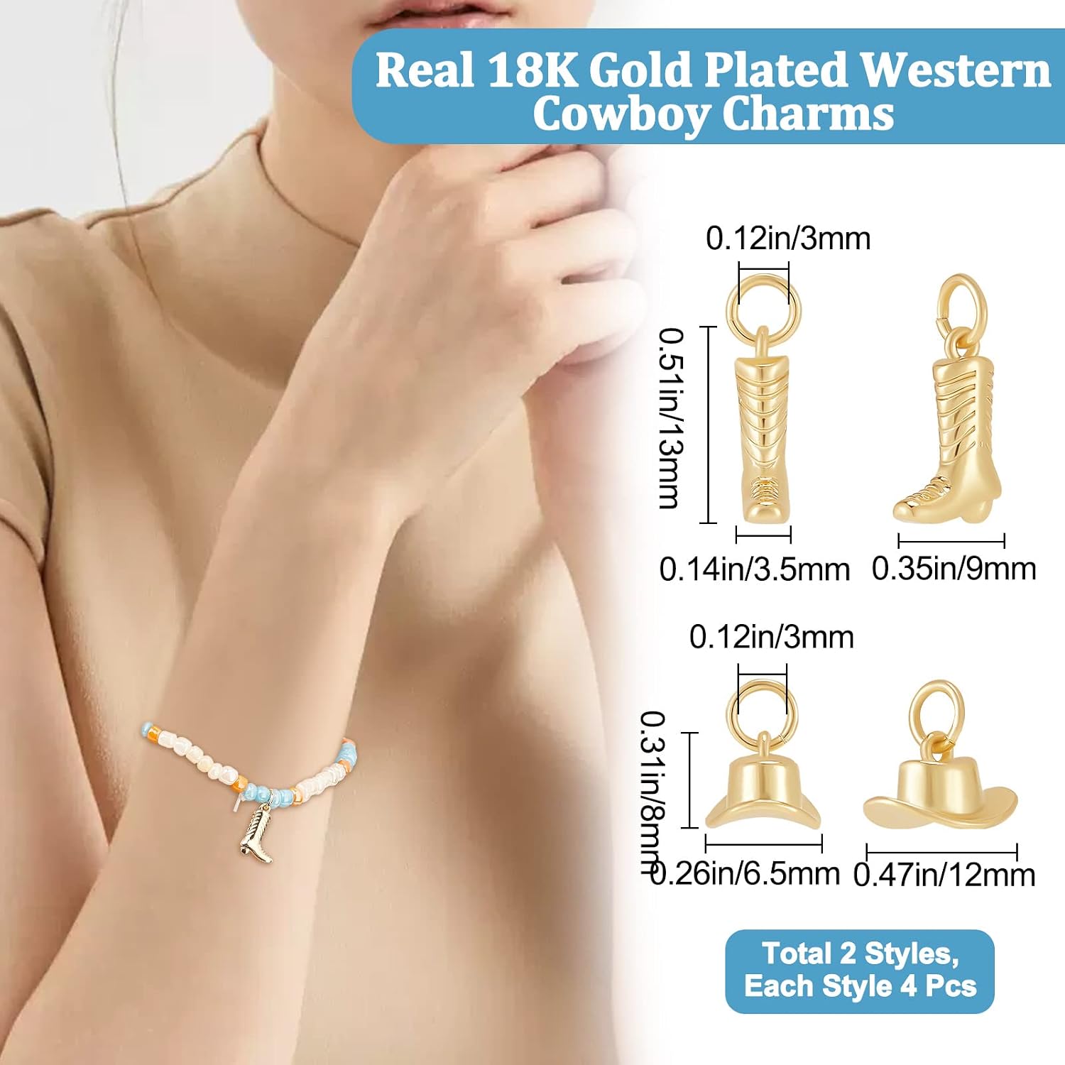 Beebeecraft 8Pcs 2 Style Western Cowboy Charms Vintage Boot and Hat Pendant Charms for Jewerly Making Bracelet Earring