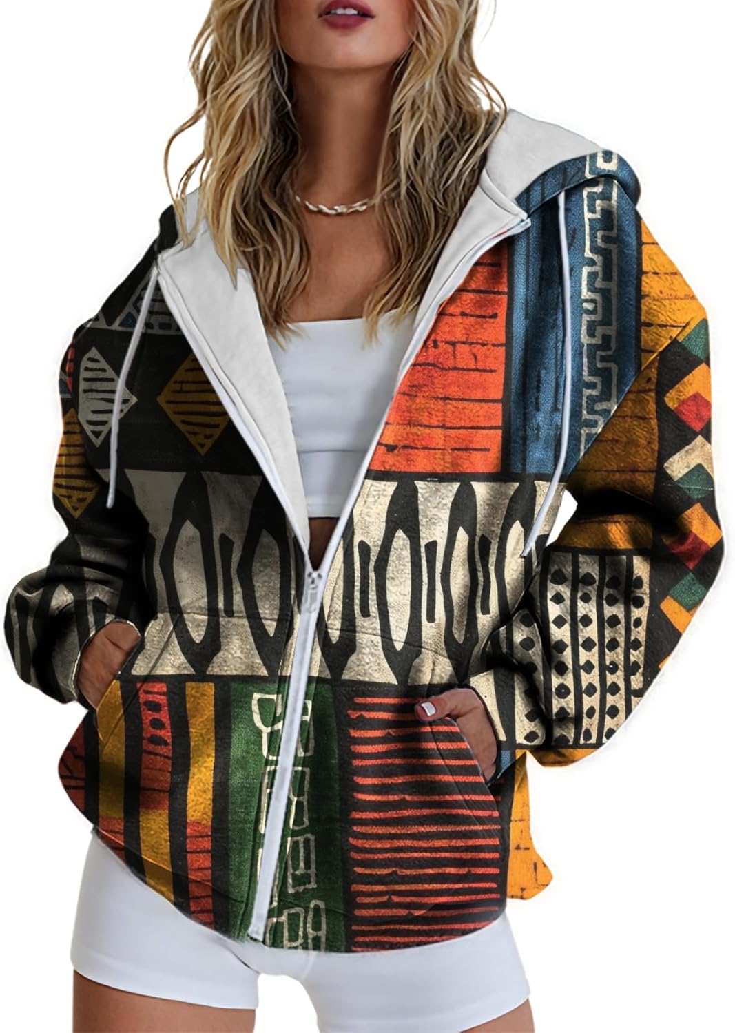 Hoodies for Women Print Oversized Full Zip Hoodie with Pockets Retro Graphic Women'...
