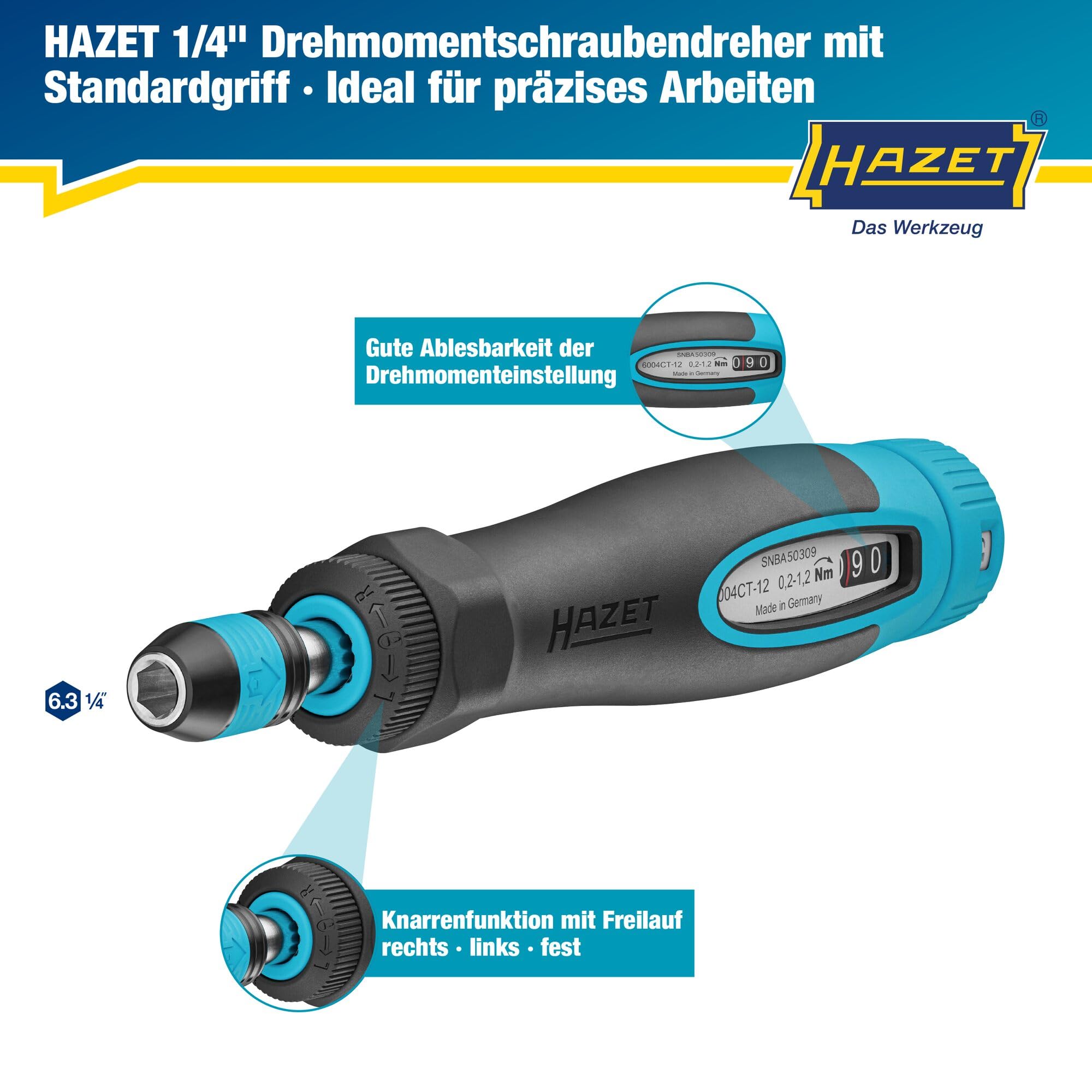 HAZET Drehmomentschraubendreher 6004CT-12, 1/4" mit Standardgriff, 0.2-1.2 Nm, 6% Genauigkeit, 196 mm Länge, umschaltbar rechts/links, Freilaufmechanismus